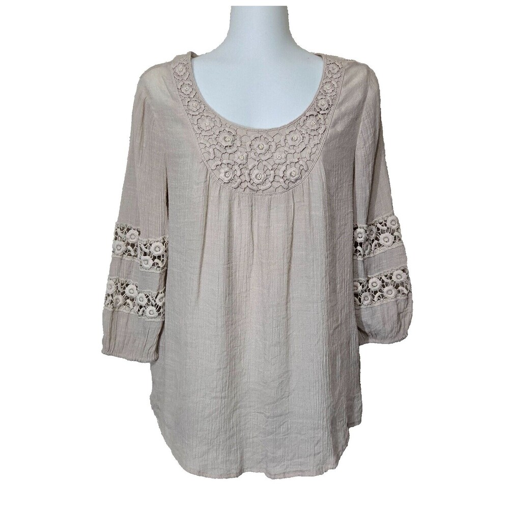 Krazy Kat Top Womens Medium Beige Gauze Crochet Romantic Cottage Boho